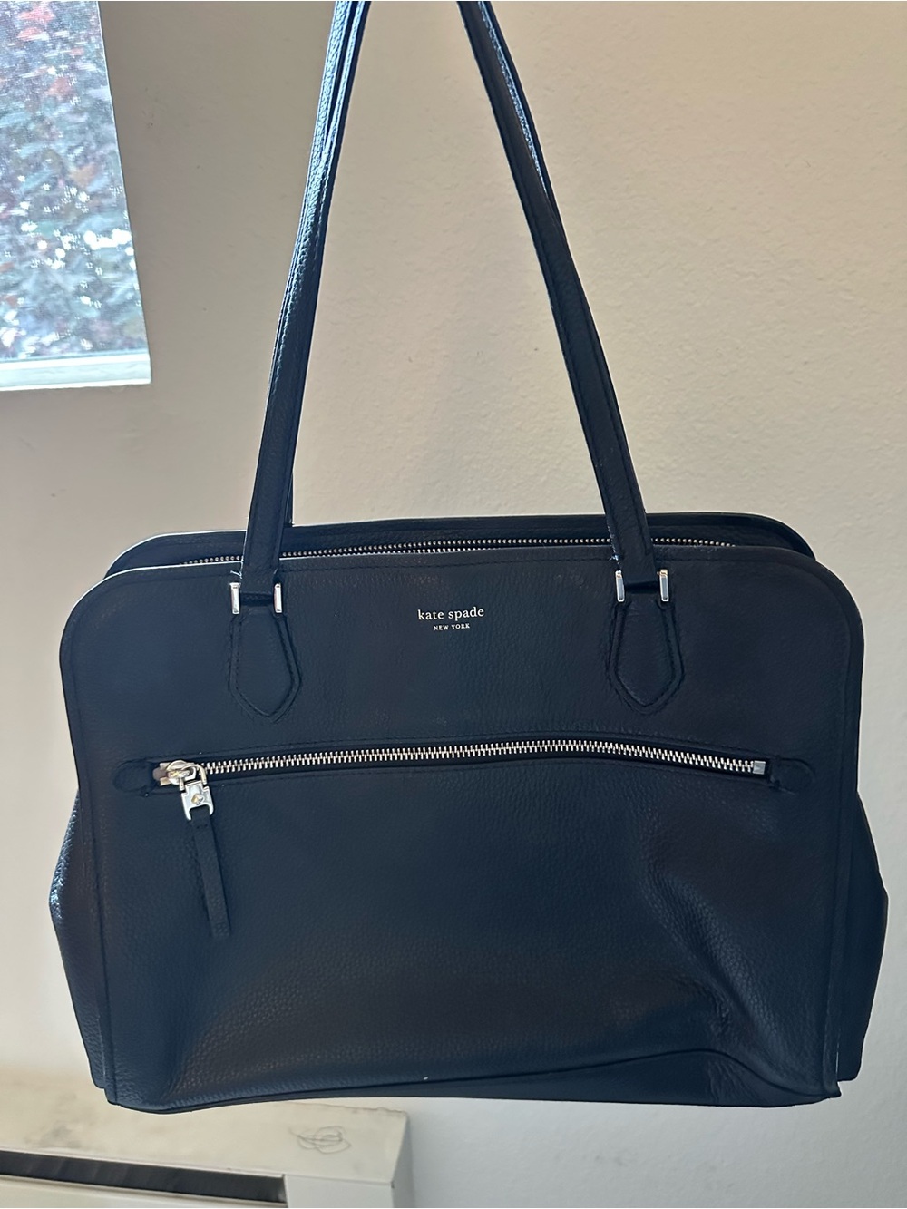 kate spade black leather laptop tote with front zip pocket